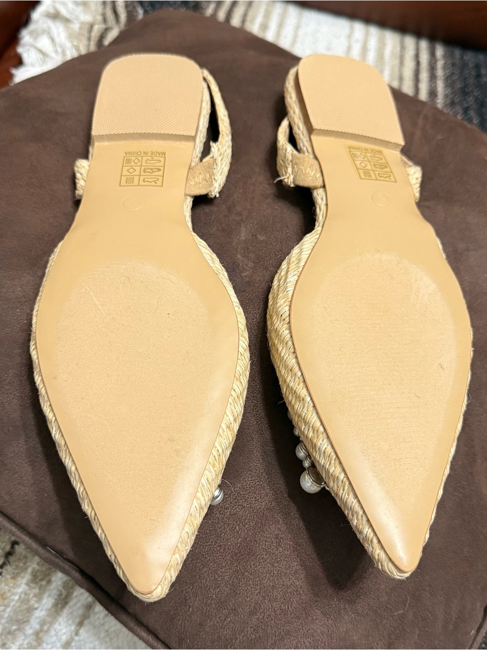 Pearl Embellished Sling Back Pointed Toe Flats 9 New Natural HANNAE - Picture 8 of 10